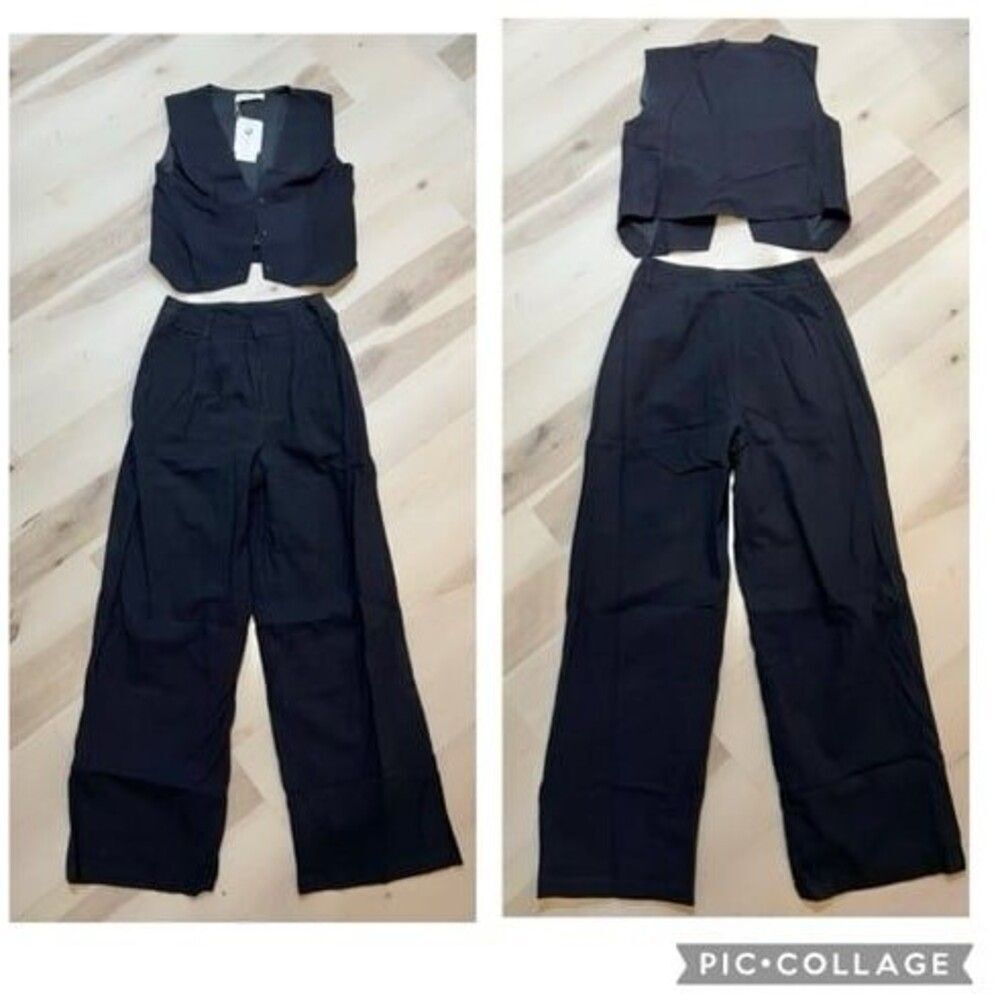 Commense NWT XS Black Cotton Two Piece Vest Pant Set Old Money Minimalist Chic - Picture 2 of 12